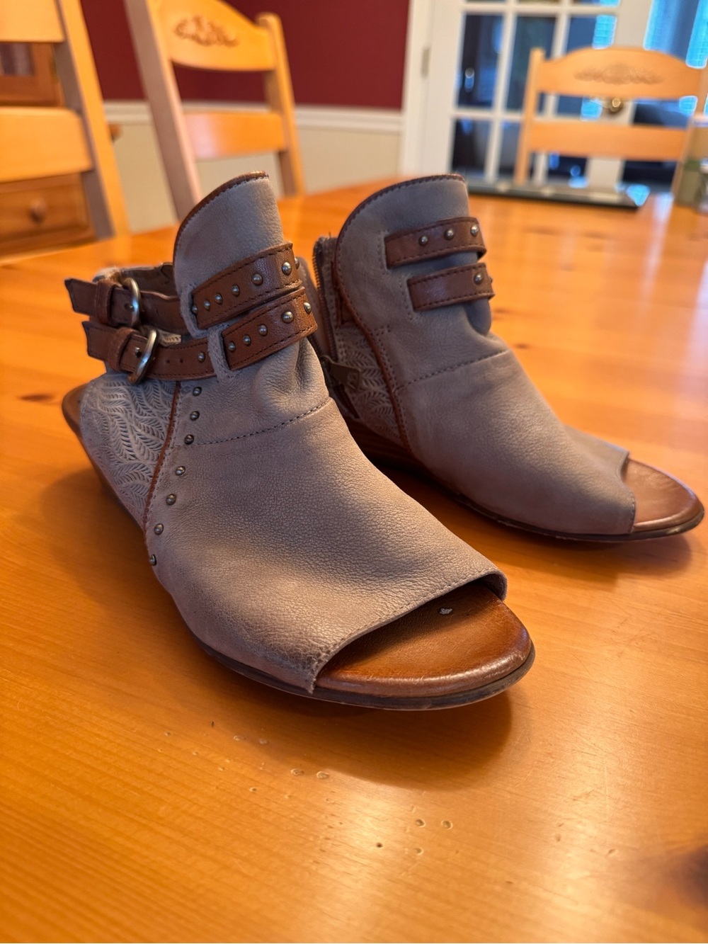 Miz Mooz Gray Taupe Open-Toe Buckle Mules